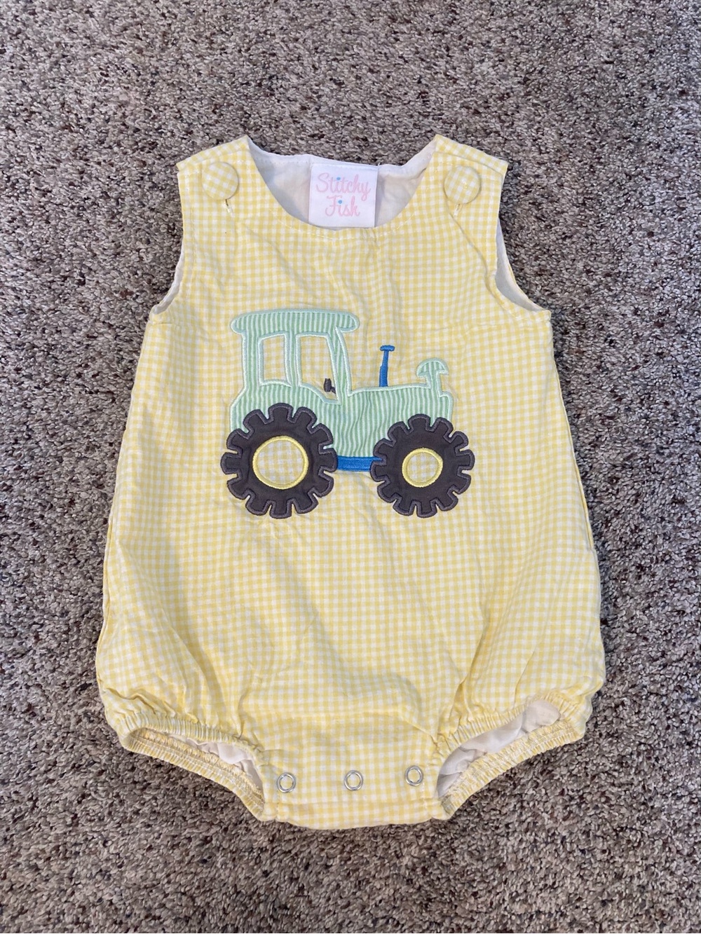 Stitchy Fish Farm Fields Yellow Gingham Bubble Romper